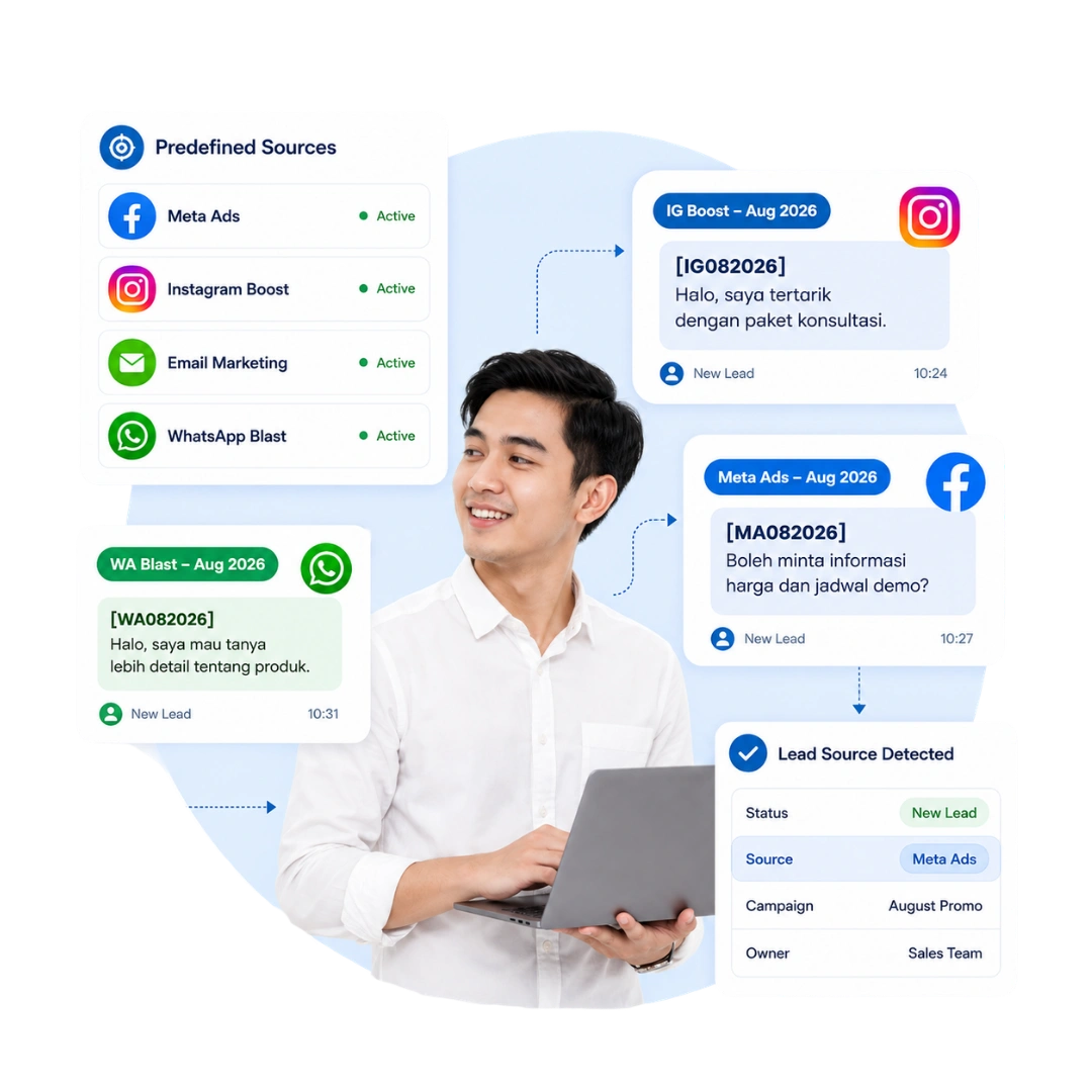 Tampilan lead source tracking Barantum untuk memantau sumber dan performa leads per channel