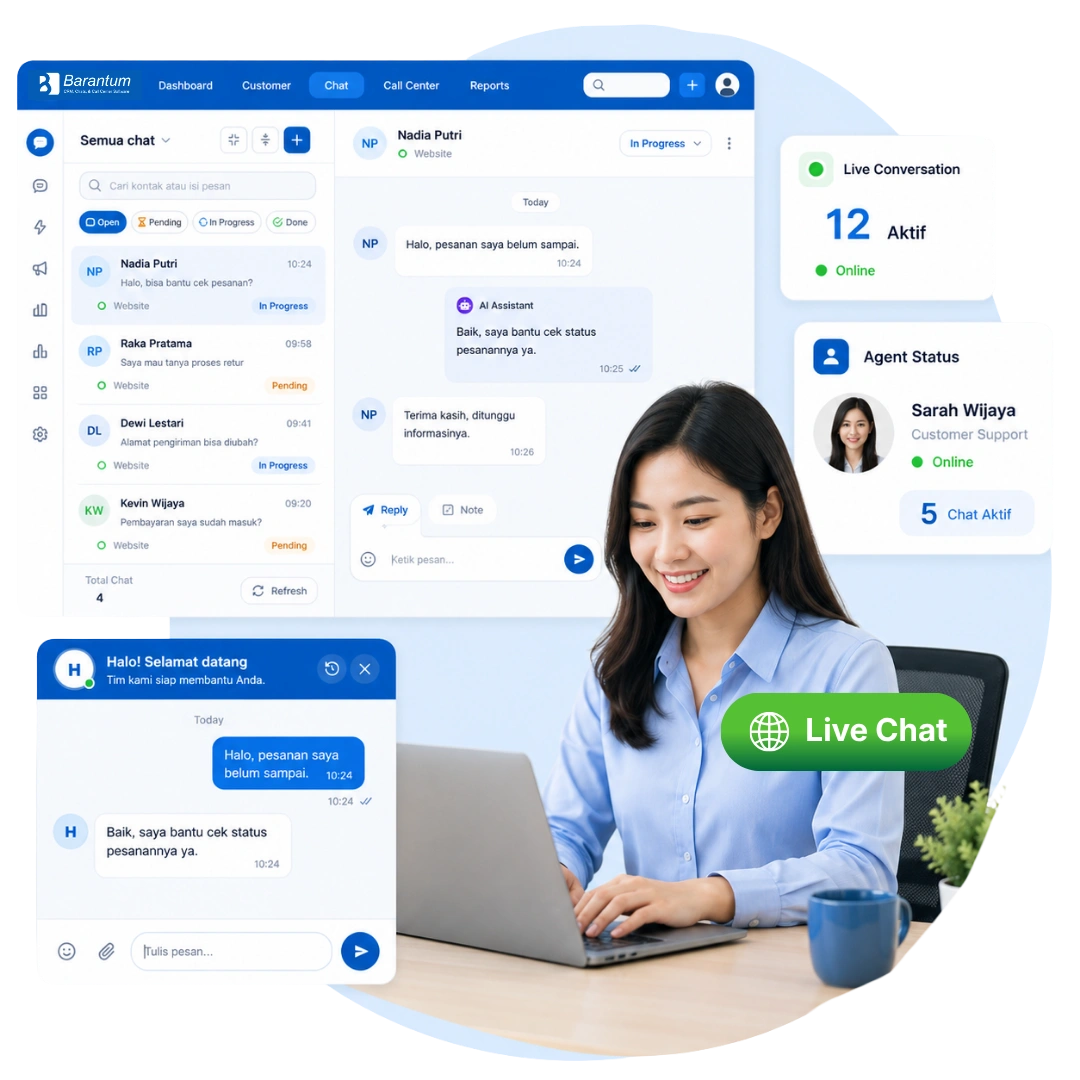 Tampilan live chat software Barantum untuk layanan pelanggan di website