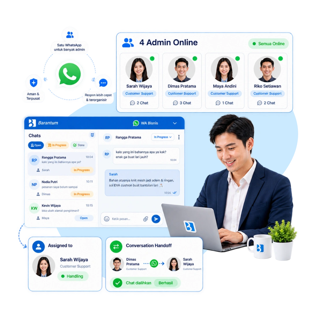Tampilan multi-admin WhatsApp Barantum untuk kelola satu nomor bersama tim