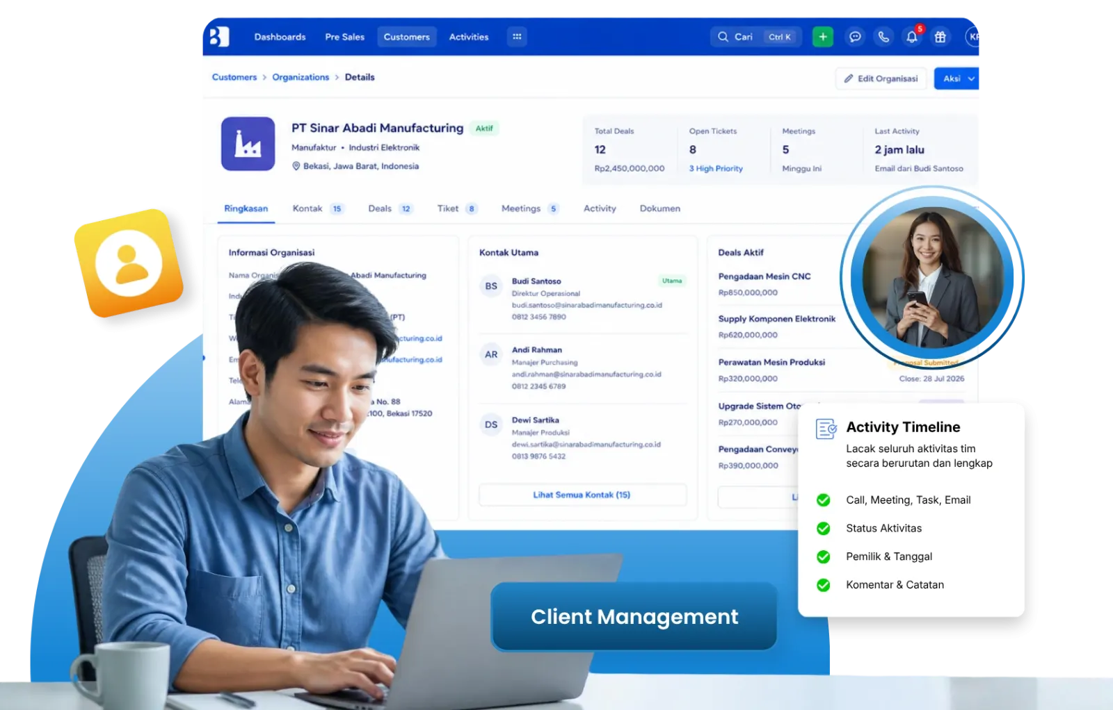 Dashboard client management software Barantum untuk kelola hubungan klien pasca-penjualan