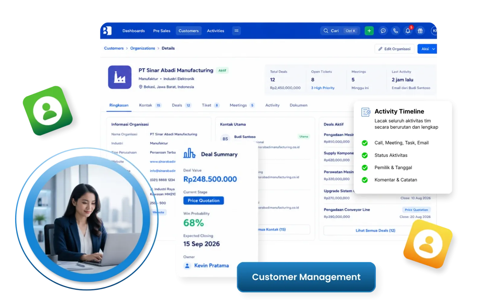 Dashboard customer management software Barantum dengan tampilan 360 derajat pelanggan