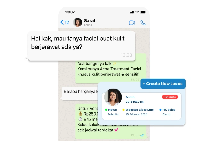 Barantum CRM otomatis kumpulkan leads salon kecantikan dari semua kanal komunikasi.