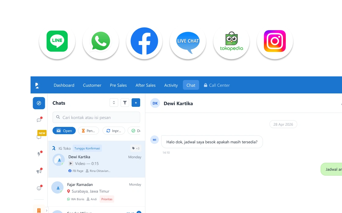 Satu inbox omnichannel Barantum untuk mengelola semua pertanyaan dan jadwal janji temu pasien dari WhatsApp, Instagram, dan website klinik