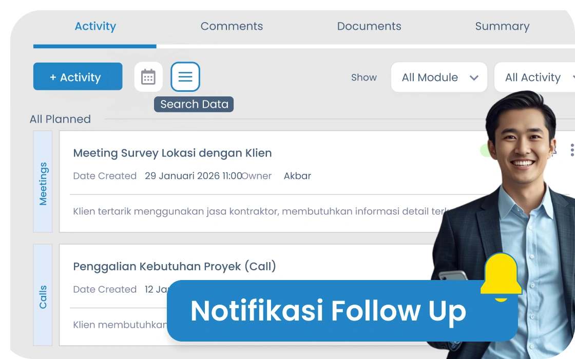 Pipeline manajemen prospek proyek kontraktor — lacak status deal, follow-up, dan peluang bisnis dalam satu tampilan