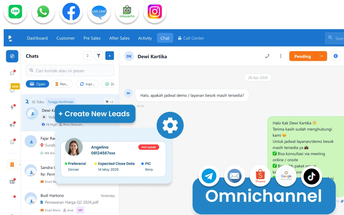 Inbox omnichannel terpusat Barantum untuk bisnis kursus — WhatsApp, Instagram, Facebook dalam satu dashboard
