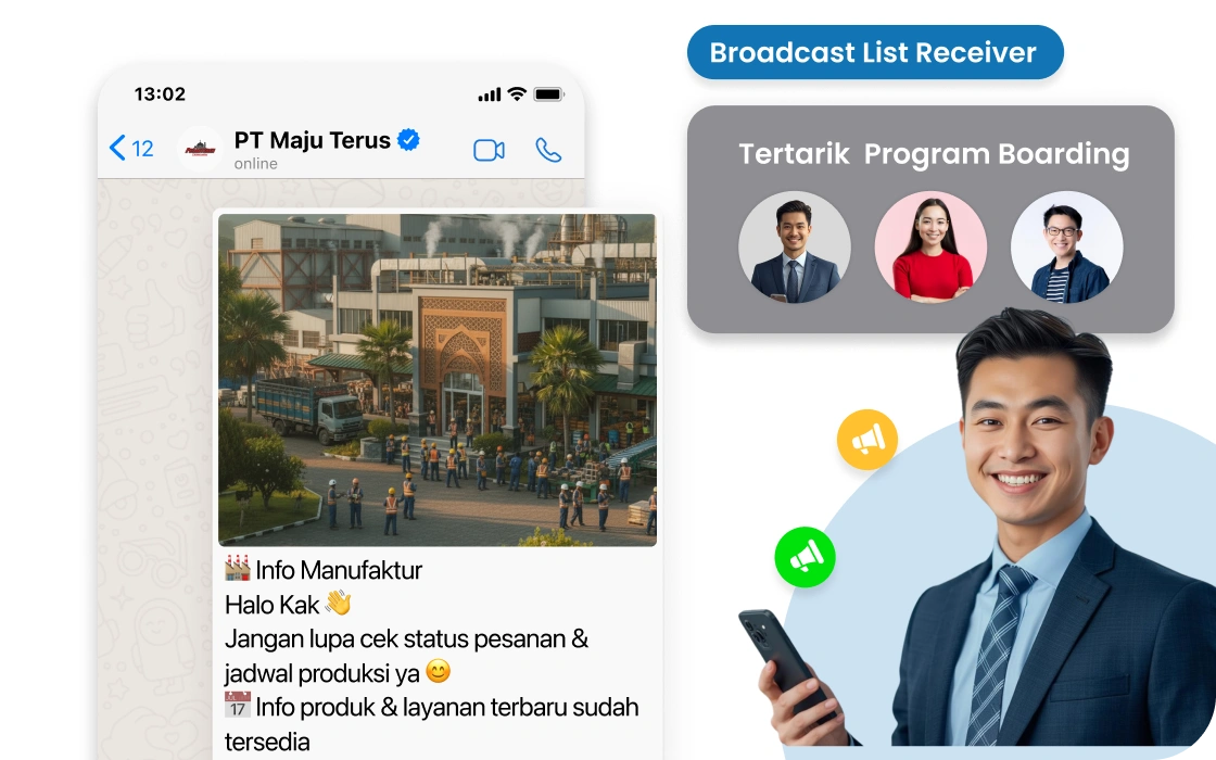Broadcast pesan WhatsApp massal ke ribuan distributor manufaktur via WhatsApp API resmi Barantum