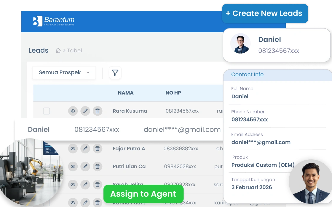 Database distributor dan leads terpusat di CRM Barantum untuk bisnis manufaktur — profil, riwayat order, segmentasi