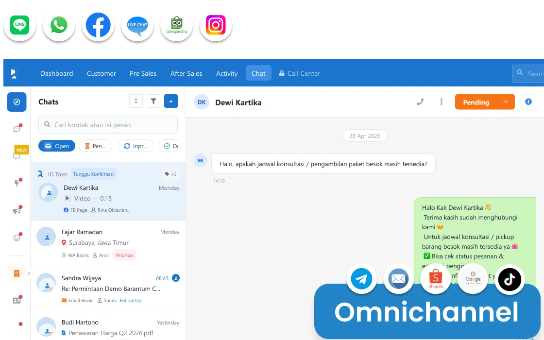 Inbox terpusat omnichannel Barantum untuk bisnis ritel — semua chat WhatsApp, Instagram, Tokopedia masuk satu dashboard